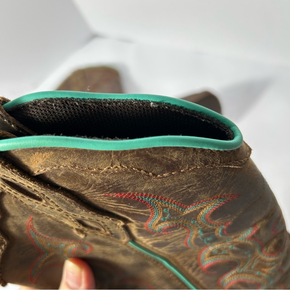 Justin Boots Brown Leather Western Boots with Turquoise Trim - Picture 7 of 16